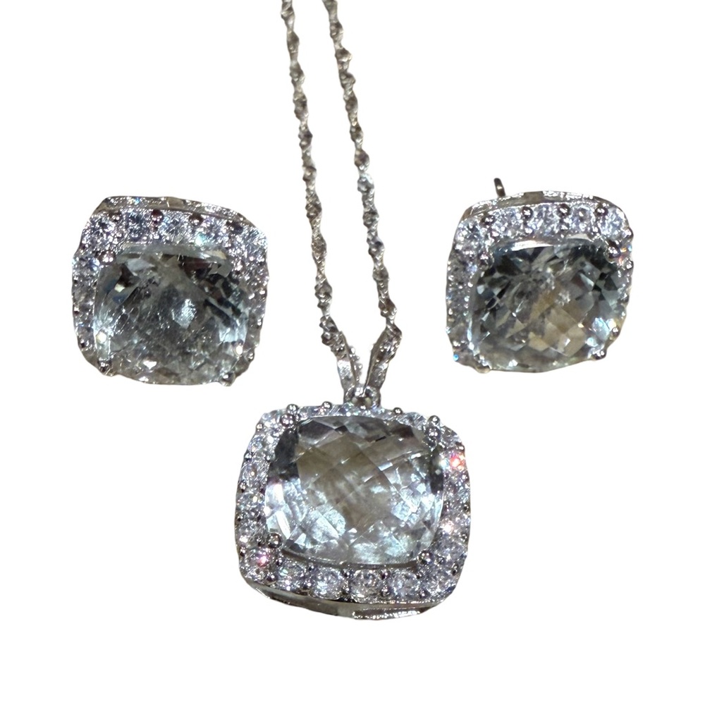 Sterling Silver Necklace with Amethyst and CZ stones. Amethyst and CZ Earrings